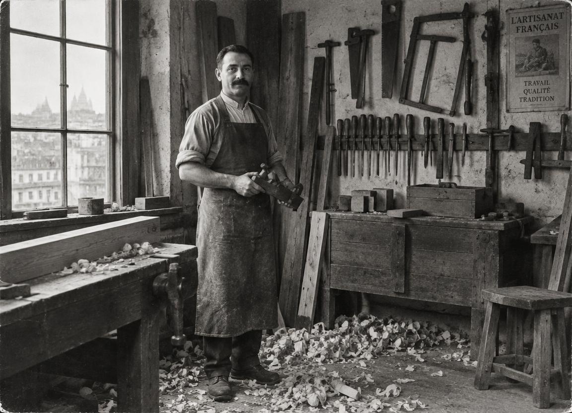 Henri dans son atelier de charpentier près de la rue de Tolbiac, le rabot à la main.