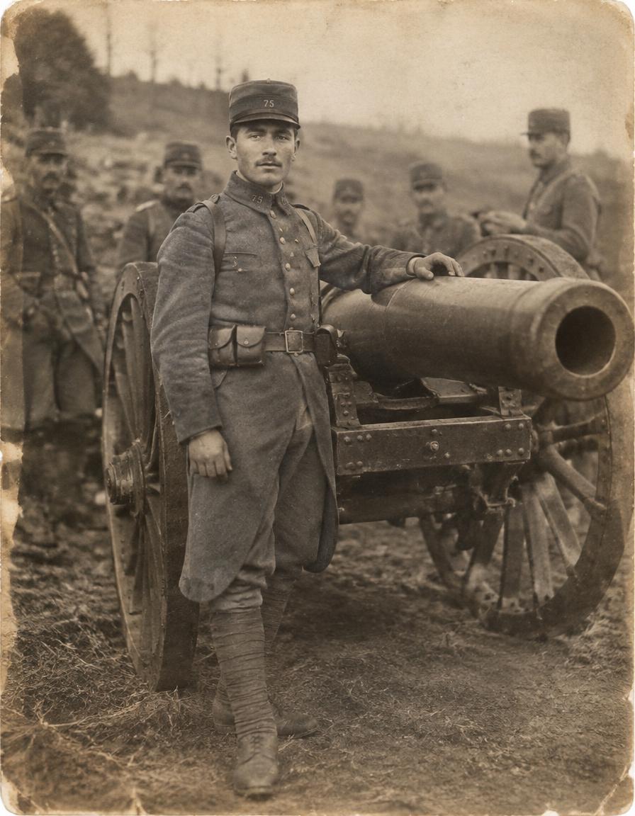 Henri posant au bout du canon de sa batterie d'artillerie, fin 1917.