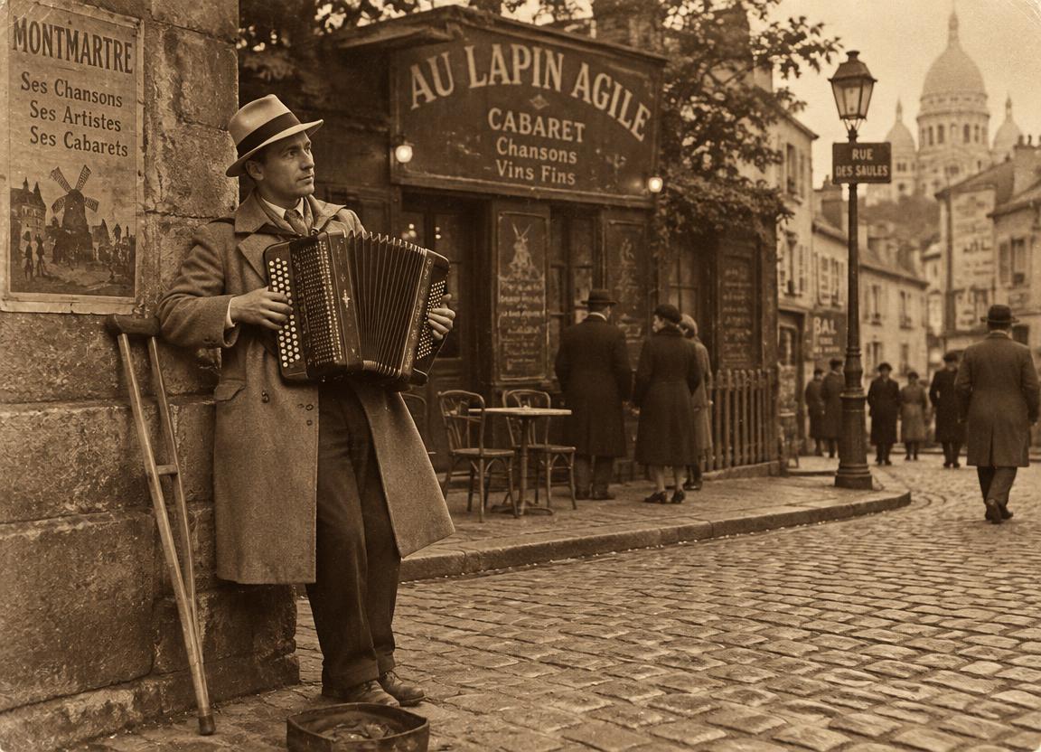 Lucien jouant de l'accordéon sur une terrasse de Montmartre, béquille contre le mur.