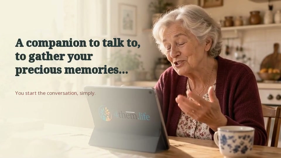 Une personne discute avec le compagnon 4Them.Life depuis sa tablette, avec son téléphone et son ordinateur à portée de main