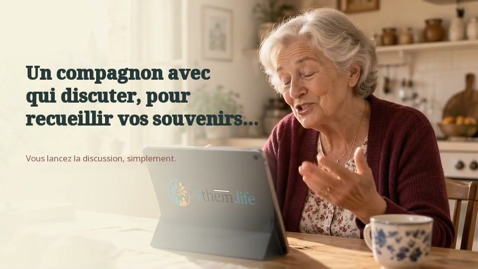 Une personne discute avec le compagnon 4Them.Life depuis sa tablette, avec son téléphone et son ordinateur à portée de main